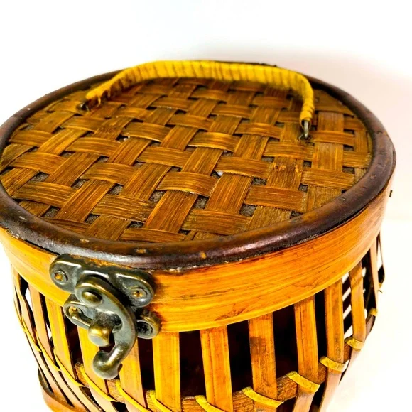 Vintage Round Bamboo Wood and BrassTreasure Chest Basket - Picture 2 of 7